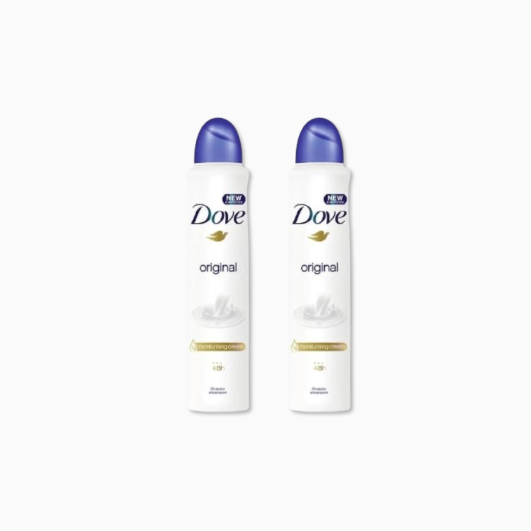 Two bottles of Dove original deodorant on a white background
