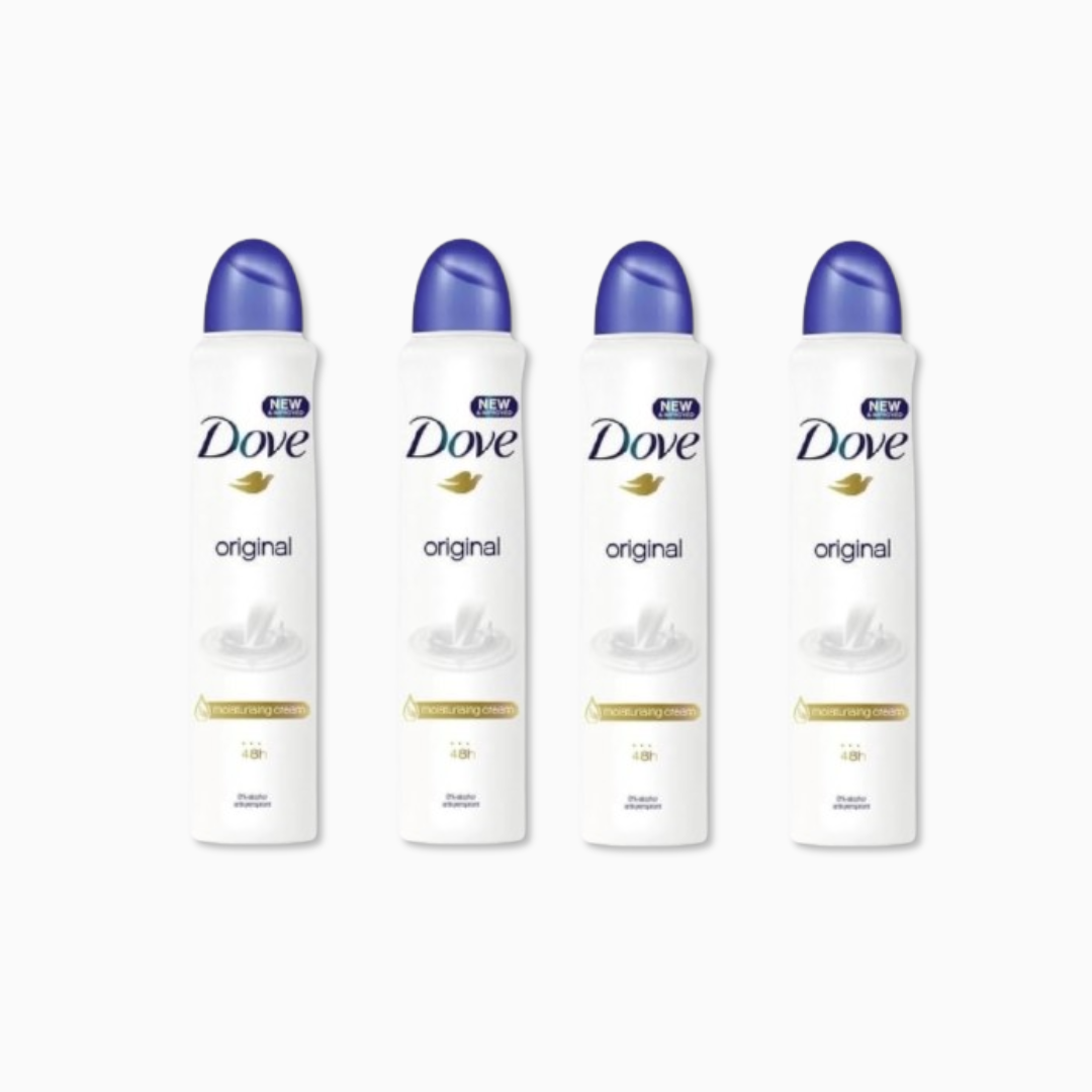 Four bottles of Dove original deodorant on a white background