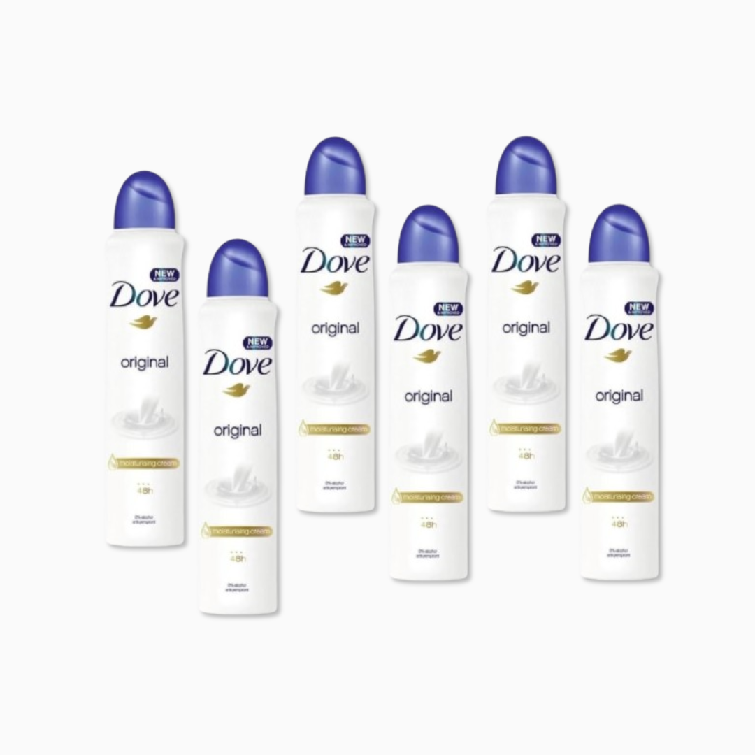 Set of Dove deodorant bottles on a white background