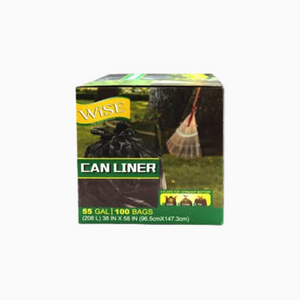 Package of Wise clear recycling garbage bags, 55 gallon size, with product information and branding on the label.