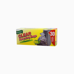 Package of Wise clear recycling garbage bags, 30 gallon size, with product information and branding on the label.