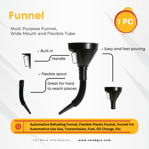 Durable and versatile funnel in use for kitchen and automotive applications, ensuring mess free handling