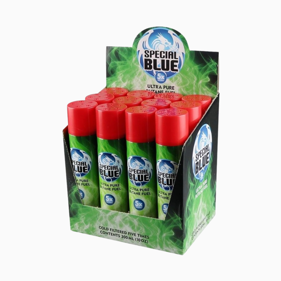 12 Pack Display of Special Blue fuel cans with green and red design on a white background