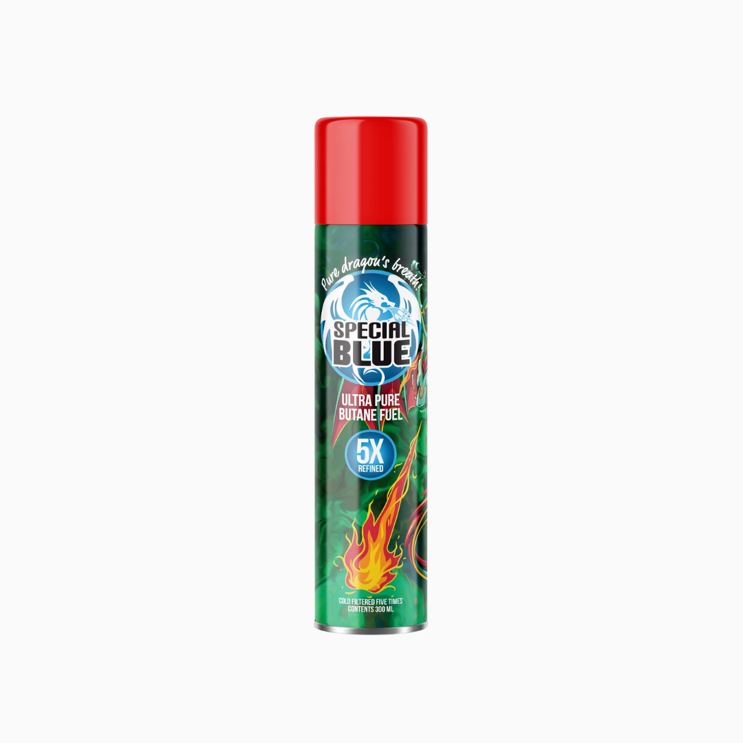Special Blue ultra pure butane fuel can on a white background