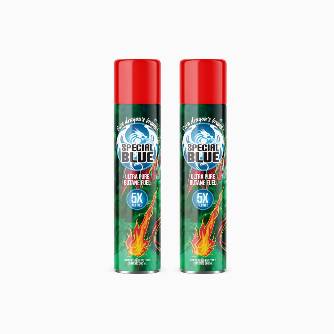 Two cans of Special Blue ultra pure butane fuel on a white background