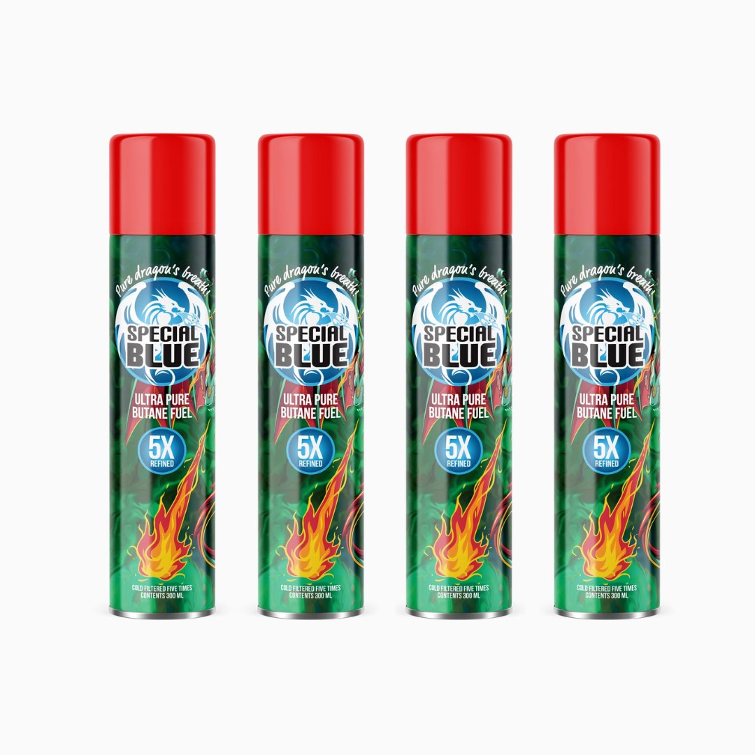 Four cans of Special Blue ultra pure butane fuel on a white background