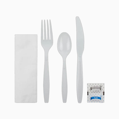 Wise 6 Pc White Cutlery (Spoon-Fork-Knife-Napkin-Salt-Pepper) – 250 Sets