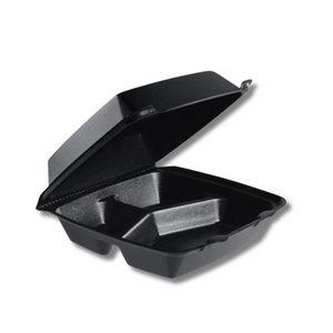 Foam Food Container – 3 Compartment 2 Tab, Black | 9x9