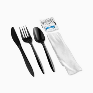 Wise 6 Pc Cutlery Set (Spoon-Fork-Knife-Napkin-Salt-Pepper) – 250 Sets, Black